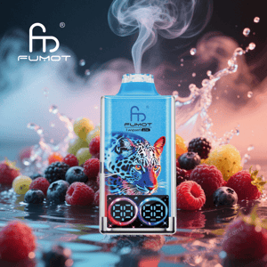 A metallic blue Fumot Leopard 40K vape device with a colorful leopard illustration and dual circular LED displays, emitting a plume of vapor while surrounded by fresh berries and water splashes, with the Fumot logo visible in the top left.