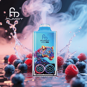 Close-up of a metallic blue FUMOT Leopard 4K vape device featuring a colorful leopard illustration and twin circular digital displays, emitting vapor while surrounded by splashing water and scattered blueberries and raspberries against a smoky pink-blue background.