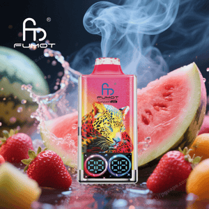 Bright pink metallic FUMOT Leopard 4K vape device with colorful leopard artwork and dual digital displays emitting a plume of vapor amid sliced watermelon, strawberries and splashing liquid, with the FUMOT logo visible.