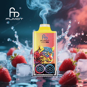 A colorful FUMOT Leopard 4K disposable vape with a yellow mouthpiece and vibrant leopard artwork, dual-circle digital display, and a plume of vapor rising amid splashing water, ice cubes and fresh strawberries.