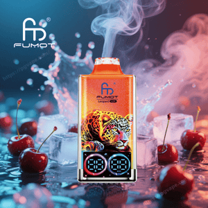 Orange Fumot 'Leopard 40K' disposable vape featuring a colorful leopard graphic and dual circular digital displays, surrounded by cherries, ice cubes and swirling vapor against a blue-pink background with the Fumot logo