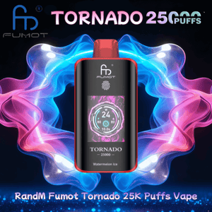 Vaporizzatore monouso Fumot Tornado centrato nero e rosso con un piccolo display circolare colorato che mostra '24 W' e il testo del modello 'Tornado 25000 Watermelon Ice', circondato da fumo vorticoso blu neon e rosa su uno sfondo scuro con un grande testo 'TORNADO 25 PUFFS' in alto.
