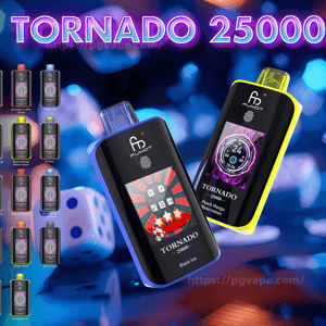 Fumot Tornado 25000 vape advertisement featuring two colorful devices with visible 1.77-inch TFT screens, a grid of flavor variants at left, icons listing features (dual mesh coil, 700 mAh battery, 25,000 puffs, game mode, touch switch) and a neon bokeh background with a dice.