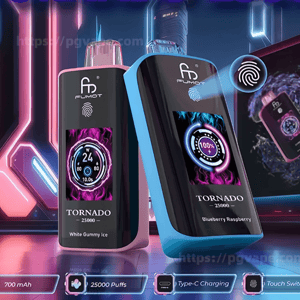 Two Fumot Tornado 25000 vape devices—one pink labeled White Gummy Ice and one blue labeled Blueberry Raspberry—are displayed in a neon cyberpunk environment with circular TFT screens, a fingerprint touch icon, and a row of icons showing dual mesh coil, 700 mAh, 25,000 puffs, Type‑C charging, and touch switch.