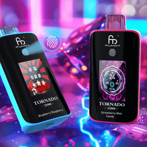 Two rectangular Fumot 'Tornado 25000' vape devices — a cyan‑trimmed unit labeled Blueberry Raspberry with a dice-and-star graphic and a pink‑trimmed unit labeled Strawberry Mint Candy showing a circular digital gauge — standing on a neon‑lit, cyberpunk tabletop scattered with translucent dice and electric blue and magenta light streaks.