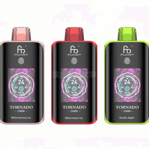 Seven Fumot Tornado 25000 disposable vape devices lined up, each with a black front panel, Fumot logo and round digital gauge reading '24', and colored trim with a matching translucent mouthpiece indicating flavors left to right: Miami Mint (orange/gold), Black Ice (blue), White Gummy Ice (rose), Watermelon Ice (red), Double Apple (green), Banana Ice (yellow) and Strawberry Watermelon (pink).