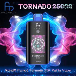 Elegante vaporizzatore monouso Fumot Tornado nero con display centrale a colori con la scritta '24' ed etichetta 'Tornado 25000 Black Ice', centrato su vibranti vapori vorticosi blu e rosa e testo del prodotto che pubblicizza sbuffi da 25K.