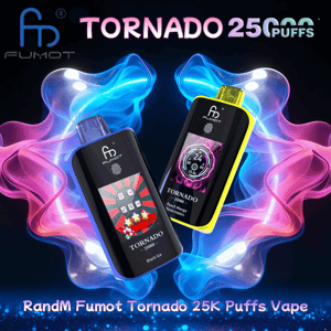 Two Fumot Tornado disposable vape devices—one black and one with yellow trim—displayed against swirling neon pink and blue smoke with prominent Tornado 25K puffs branding.
