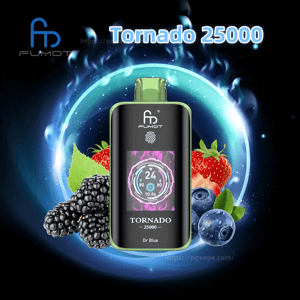 Front-facing black vape device with green trim and mouthpiece labeled Fumot Tornado 25000, showing a colorful digital display, set against a glowing blue circular energy background and surrounded by strawberries, blackberries and blueberries, with the product name and logo visible.
