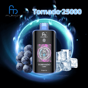 Sleek black and blue Fumot Tornado 25000 disposable vape device with a blue mouthpiece and digital display, centered in a glowing blue ring and flanked by frosty grapes and ice cubes, labeled Tornado 25000 and Grape Ice.