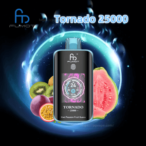 Black Fumot Tornado 25000 vape device with a blue mouthpiece and a colorful screen reading '24 W', centered inside a glowing teal ring and flanked by sliced kiwi, passion fruit, and guava, with the text 'Tornado 25000' across the top.