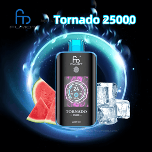 Centered sleek black-and-blue Fumot Tornado 25000 vape device showing a colorful digital screen and fingerprint logo, labeled 