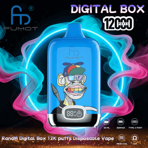 Bright blue disposable vape device labeled AUMOT featuring a colorful cartoon ape with sunglasses and a propeller hat, a digital puff-count display on the front, surrounded by teal and pink neon vapor rings and text advertising Digital Box 12,000 puffs.