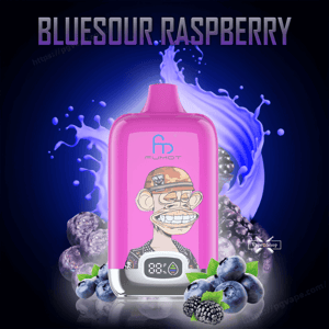 Pink disposable vape device labeled Fumot featuring a grinning cartoon ape and a digital battery display, centered in a blue berry splash with blueberries and blackberries and the title BLUESOUR.RASPBERRY above.