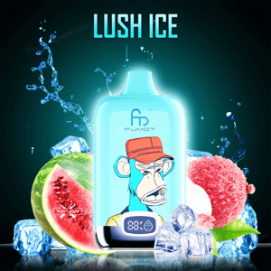 Bright teal vape device labeled Fumot with a stylized bored-ape illustration and digital battery readout, centered against splashing water and ice cubes with a sliced watermelon and lychee nearby and the title LUSH ICE above.