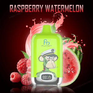Bright lime-green disposable vape device with a cartoon sailor-ape illustration and small digital display centered against a dark red background of splashing pink juice, fresh raspberries and a watermelon slice, with a bold 'RASPBERRY WATERMELON' headline above.