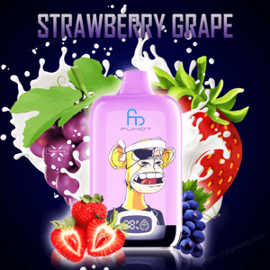 Pink Fumot vape device with a cartoon ape on its front, surrounded by strawberries, purple grapes and white milk splashes beneath the headline