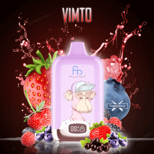 Pink-purple Fumot disposable vape device featuring a cartoon ape wearing a cap and a digital battery display, surrounded by strawberries, blueberries, raspberries and blackcurrants with red liquid splashes and the word VIMTO above.