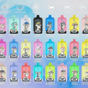A grid of brightly colored disposable vape pods on a soft pastel backdrop, each pod showing a stylized cartoon ape portrait and printed flavor names like Lush Ice, Strawberry Banana, Blueberry Raspberry, Cherry Cola and Peach Mango.