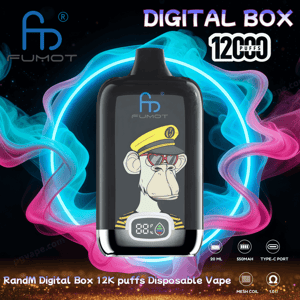 Black Fumot 'Digital Box' disposable vape with a sailor-cap monkey graphic and front LED display, shown against neon blue and pink smoke rings with text noting 12,000 puffs.