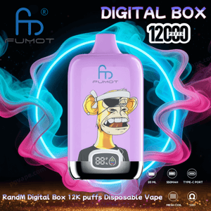 Purple rectangular disposable vape device with the Fumot logo and a cartoon yellow ape wearing sunglasses and a bandana on the front, a small digital battery display at the bottom, set against a neon teal and pink smoke ring background with bold text reading DIGITAL BOX 12000 PUFFS.