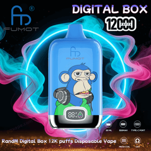 Blue Pumot “Digital Box” disposable vape featuring a bored-looking blue monkey in headphones and a green hoodie on the front, a small digital display at the base, and neon pink-and-blue smoke around it with “12,000 puffs” text.