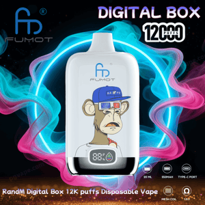 White FUMOT digital box disposable vape featuring a cartoon monkey in a blue cap on the front, a digital puff counter display and prominent “DIGITAL BOX 12000 puffs” branding, set against swirling blue and pink vapor with icons for 20 ml, 550 mAh, Type-C port, mesh coil and 1.0Ω.