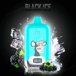 Turquoise rectangular vape device featuring a cartoon ape wearing a baseball cap and a digital battery indicator, set against a dark gradient background with the headline 'BLACK ICE', surrounded by splashing ice cubes, blackberries and mint leaves.