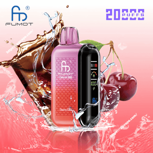 Pink-to-red Fumot Tornado 20000 disposable vape device labeled Cherry Cola with a black digital display, shown amid cola and cherry splashes and a '20,000 puffs' label.