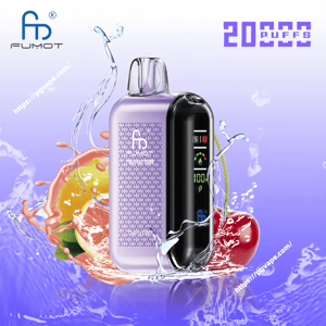 Purple Fumot disposable vape device with a clear mouthpiece and black front digital display showing 100% battery, set against a light purple background with splashing water and sliced citrus and cherry fruits and '20,000 puffs' text.