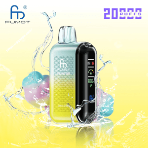Sleek Fumot disposable vape device with a glossy black front digital display and a gradient yellow-green textured back, shown amid splashing water and pastel colored spheres on a pale yellow background with “20,000 puffs” text in purple at the top right.