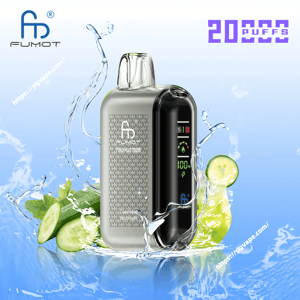 Silver and black Fumot Tornado 20000 disposable vape device with a front LCD screen showing 100% battery, surrounded by splashing water and sliced cucumber and lime and the text '20000 puffs'.