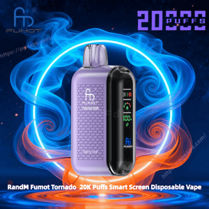 Lila RandM Fumot Tornado engångsvape med en svart smart skärm som visar batteri- och puffikoner centrerade mot en glödande blå och orange virvlande rökring och stjärnklar bakgrund, med stor lila "20K PUFFS"-text uppe till höger.