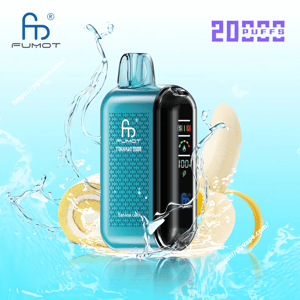 A turquoise Fumot Tornado 20000 disposable vape device with a black LED display showing battery and icons, pictured amid splashing water and banana slices with a purple 