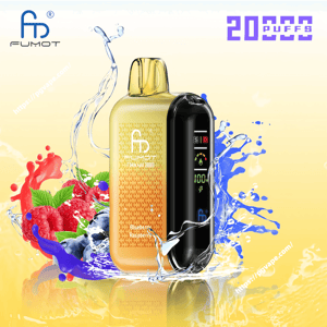 Yellow-and-black Fumot Tornado 20000 disposable vape device with a digital front display showing 100% battery and icons, labeled Blueberry Raspberry, set amid splashes of water and images of blueberries, raspberries and mint with the Fumot logo and '20 PUFFS' text.