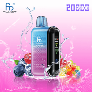 Compact FUMOT Tornado 2000 disposable vape with a blue-to-pink gradient body and black digital front display showing '100', surrounded by splashing water, blueberries, raspberries and colorful hard candies on a pink gradient background with '2000 puffs' text.