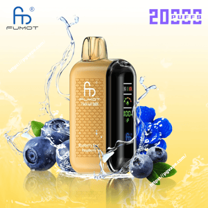 Gold Fumot Tornado 20000 disposable vape with a black side digital display, shown amid splashing water and fresh blueberries with “20000 puffs” text.
