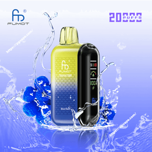 Yellow-to-blue gradient Fumot Tornado 2000 disposable vape with a glossy black digital screen showing battery at 100, pictured amid splashing water and blue raspberries with '20,000 puffs' branding visible.
