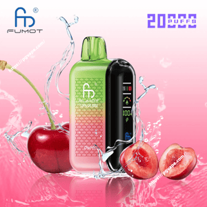 Fumot Tornado 2000 disposable vape with a green-to-pink gradient body and black digital display reading 100%, pictured with whole and halved cherries and water splashes on a pink background with '2000 puffs' text.