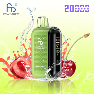 Green Fumot Tornado 20000 disposable vape with a black digital display, pictured among splashing liquid and cherries on a light green background with the Fumot logo and '20 PUFFS' text.