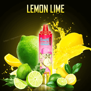 Bright pink disposable vape device labeled 'RandM Tornado' with a cartoon monkey illustration, centered against a dark background surrounded by whole and sliced lemons and limes, a yellow juice splash, and the headline 'LEMON LIME' at the top.