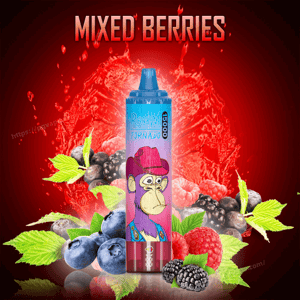 Disposable vape device with a blue cap and pink body labeled 'Tornado' featuring a purple cartoon ape in a red cowboy hat, placed among blueberries, raspberries and blackberries against a dramatic red splash background under the headline 'MIXED BERRIES'.