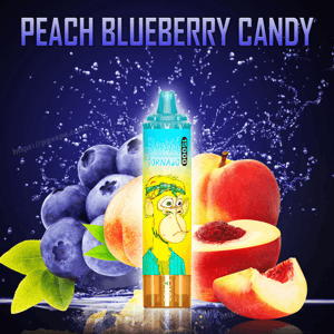 Turquoise disposable vape device featuring a cartoon monkey labeled 'Randy Tornado' centered against a dark blue splashing-water background, flanked by large blueberries on the left and whole and sliced peaches on the right beneath the bold headline 'Peach Blueberry Candy'.
