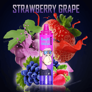 Bright purple vape device labeled Random Tornado with a cartoon ape wearing glasses, set against oversized strawberries and clusters of grapes with red and purple juice splashes and the headline STRAWBERRY GRAPE above.