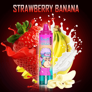 Vibrant pink-to-teal disposable vape device with a cartoon monkey label centered against a red background, surrounded by a large sliced strawberry, a bunch of bananas with banana slices and a white milk splash, with bold 'STRAWBERRY BANANA' text at the top.