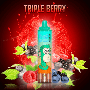 Bright turquoise disposable vape device featuring a cartoon green monkey and 'Tornado' branding centered against a vivid red splash background and the words 'TRIPLE BERRY', surrounded by raspberries, blackberries, blueberries and green leaves.