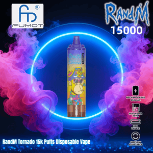 Cylindrical RandM Tornado 15,000‑puff disposable vape with a colorful cartoon monkey illustration centered inside a glowing blue neon ring against a dark background with swirling pink and purple vapor, FUMOT logo at top left and feature icons (rechargeable 850mAh, 25ml reservoir, USB‑C, adjustable airflow) along the right side.