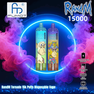 Two colorful RandM Tornado disposable vape devices with cartoon monkey artwork (one teal, one purple/yellow) centered inside a glowing blue neon ring surrounded by pink and purple vapor clouds, with brand logos, “15000” puff label and icons for rechargeable 850mAh, 25ml reservoir, USB‑C and adjustable airflow.