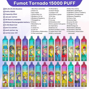Promotional poster for Fumot Tornado 15000 PUFF disposable vapes showing rows of colorful devices each with a cartoon ape character, a block of product specs (15000 puffs, 25ml capacity, 0–5% nicotine options, 850mAh rechargeable battery, 0.9Ω mesh coil) and a numbered list of many flavor names like Blue Razz Lemonade, Peach Ice, Watermelon Ice, Strawberry Watermelon, Blueberry, Mango and more.