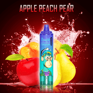 Blue-and-teal disposable vape device featuring a cartoon ape illustration centered against a red background and water splash, positioned between a red apple, a peach and a yellow pear beneath the bold header 'APPLE PEACH PEAR'.